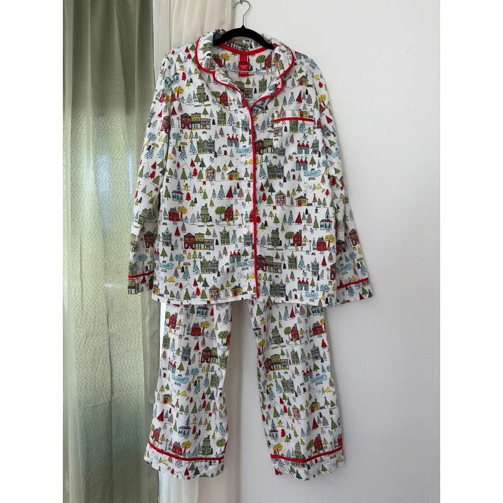 Target Pajama Set Womens L White Winter Village Flannel 2pc PJs Loungewear